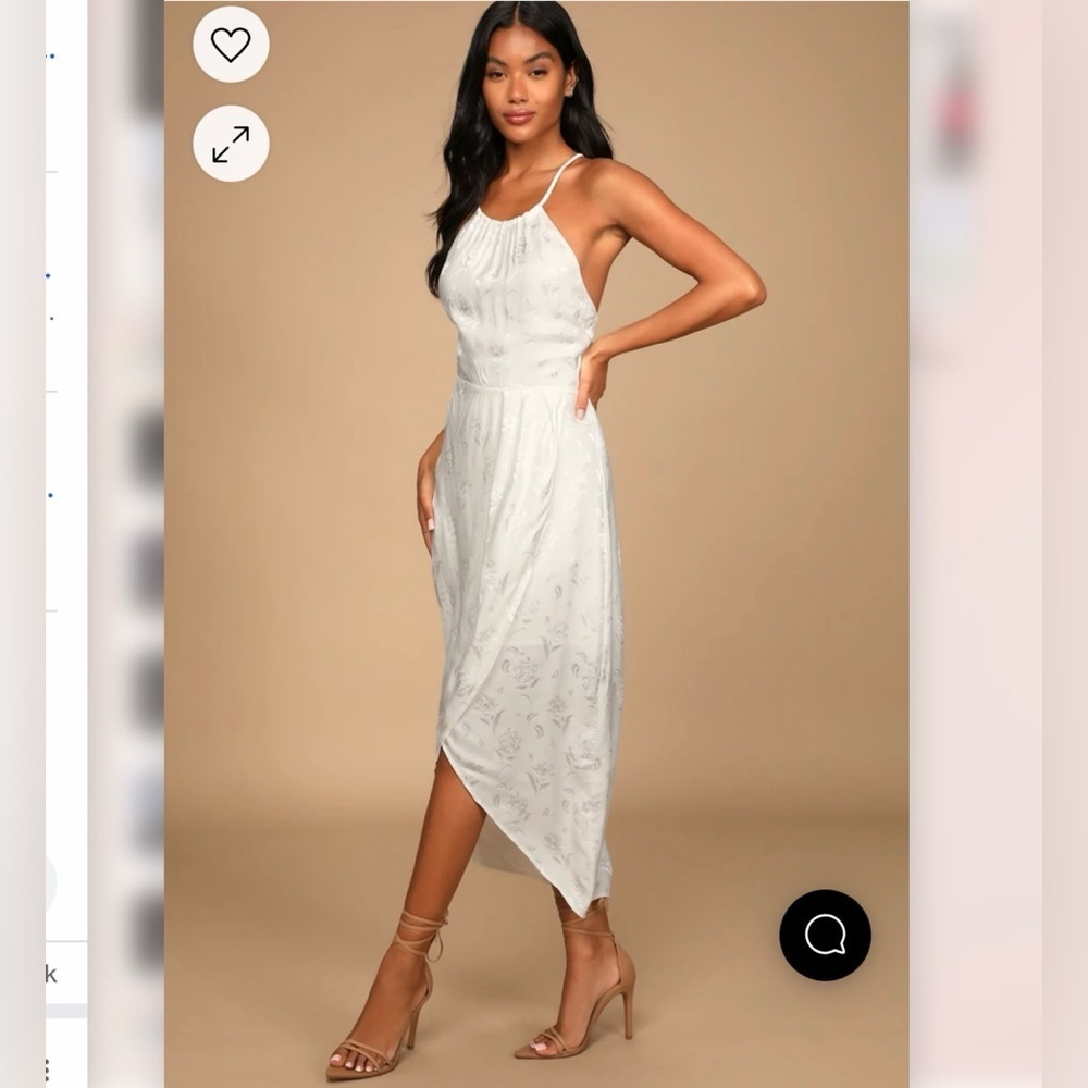 LULUS | NWT REMARKABLE MOMENTS WHITE FLORAL JACQUARD SATIN TULIP MIDI DRESS XS
